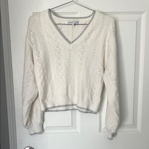 Cozy V-Neck Sweater - White with Gray Trim